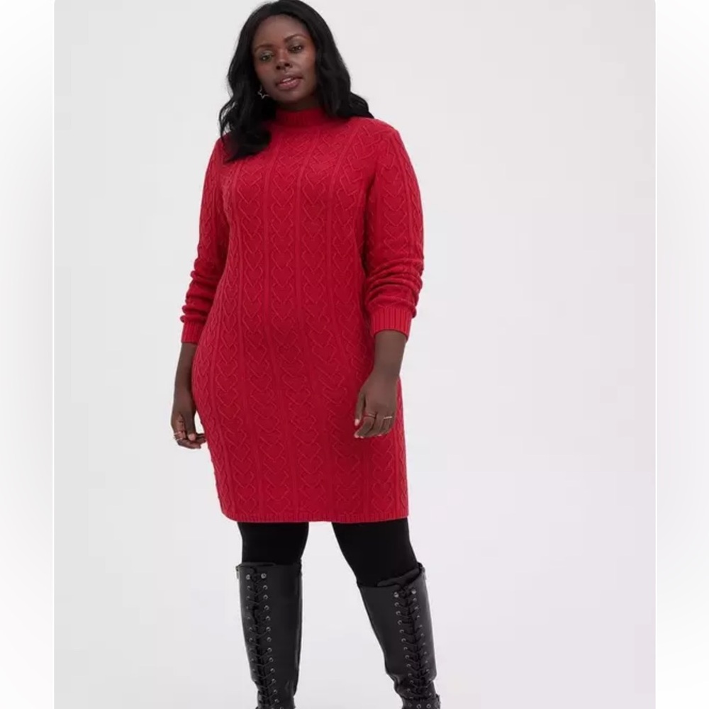 Torrid NWT Mock Neck Mini Cable Knit Heart Red Long Sleeve Dress Size 2